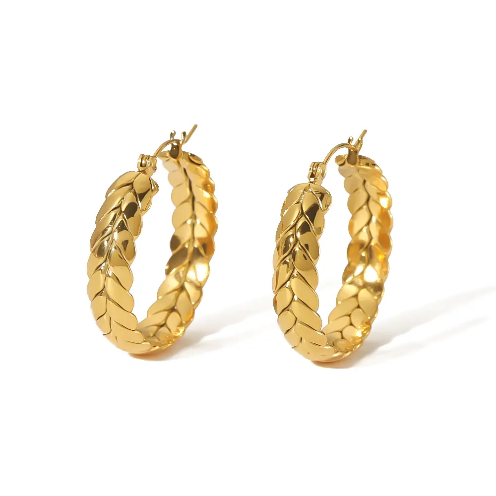 1 Pair Retro Daily Style Wheat Ear Shape Stainless Steel 18K Gold Plated Women's Hoop Earrings h5 